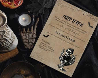 May include: A Halloween-themed invitation with the text "Creep It Real" and event details. The design features a skeleton in a cocktail glass, spiderwebs, and bats. The invitation is on a parchment-like background with a dark, moody aesthetic.