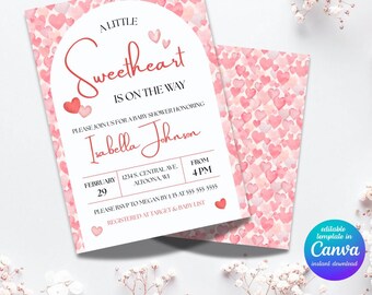 May include: A baby shower invitation with a pink and white heart design. The invitation reads "A Little Sweetheart is on the Way" and includes details for Isabella Johnson's baby shower, including the date, time, and location.