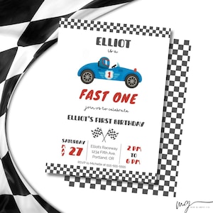 Fast One Racing Birthday Invitation: Red & Blue Race Car, Editable Canva Template (Digital Download)