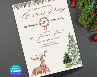 May include: A Christmas party invitation with a watercolor design. The invitation features a reindeer wearing a scarf and Christmas lights, a Christmas tree, and the text "Christmas Party". The invitation is hosted by the Jackson Family.