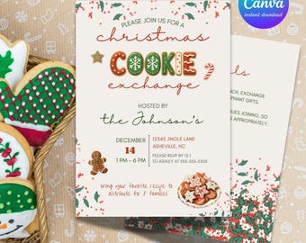 Pode incluir: Convite para troca de biscoitos de Natal com design festivo. O convite apresenta o texto "Christmas Cookie Exchange" e detalhes como data, hora e local. O design inclui bonecos de gengibre, biscoitos e vegetação festiva.