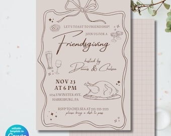 May include: A Friendsgiving invitation with a beige background and brown text. The invitation includes the text "Let's Toast to Friendship! Join us for a Friendsgiving" and details for the event. The invitation is editable in Canva.