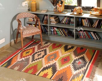 Tapis tissé à la main en laine et jute - Moquette bohème tribale multicolore à tissage plat et respectueux de l'environnement