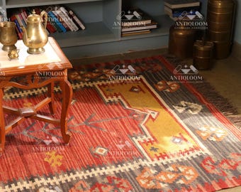 Tapis de passage kilim en laine et jute tissé à la main : design géométrique Dhurrie
