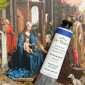 May include: A tube of De Mairo Ultramarine oil paint, 40 ml, with a blue and white label. The tube is set against a backdrop of a Renaissance painting featuring figures in robes and a religious scene.