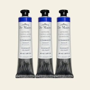 May include: Three tubes of De Mairo handmade oil paint. Each tube is labeled "Genuine Lapis Lazuli Gemstone Ultramarine Series 8 Premium." Each tube contains 40 ml / 1.69 fl oz of paint.