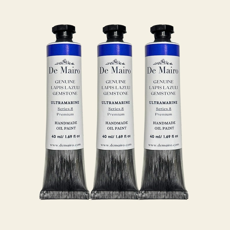 May include: Three tubes of De Mairo handmade oil paint. Each tube is labeled "Genuine Lapis Lazuli Gemstone Ultramarine Series 8 Premium." Each tube contains 40 ml / 1.69 fl oz of paint.