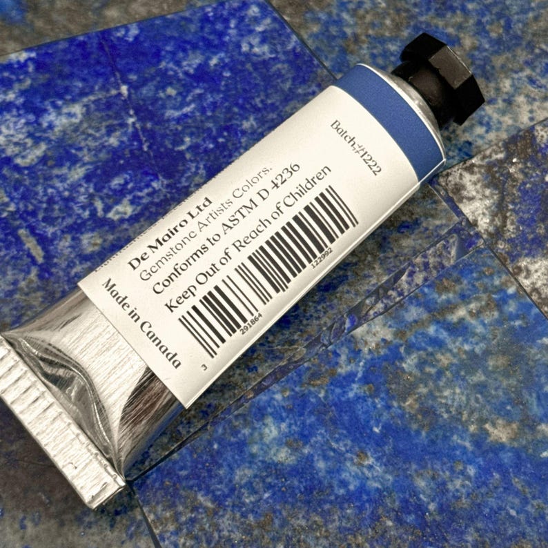 Back view of De Mairo Sare Sang Blue 15ml oil paint tube showing batch number and bar code.