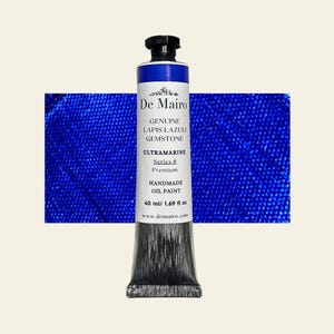 May include: A tube of De Mairo handmade oil paint, featuring a deep ultramarine blue color. The label indicates it's Series 8, made with genuine Lapis Lazuli gemstone. The tube contains 1.69 fl oz (40 ml) of paint.