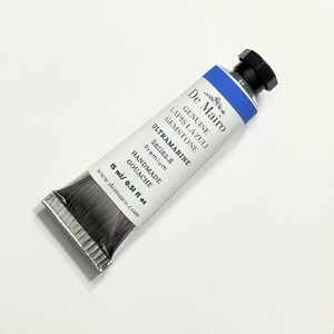 Single 15ml tube of genuine lapis lazuli ultramarine blue gouache paint on white background.