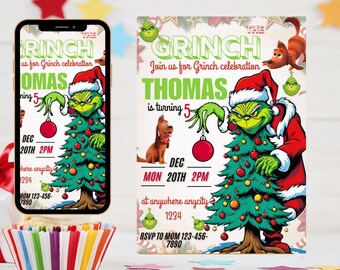 Grinchmas Invitation & Thank You Tags: Editable Christmas Party (Corjl Template, Instant Download)