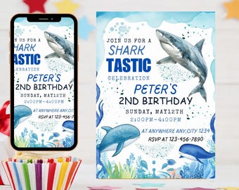 Shark Birthday Invitation: Editable Canva Template (5x7" Printable Invite)