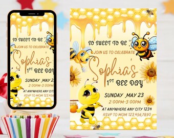 Bee Birthday Invitation: Sweet One Party, Yellow Floral (Canva Template, 5x7)