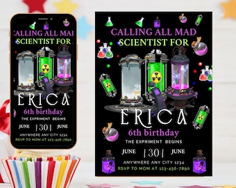 Editable Mad Science Birthday Invitation: Neon Lab Theme (5x7" Canva Template, Digital Download)