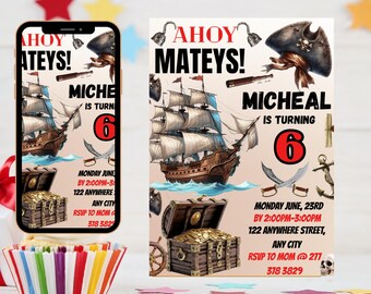 Editable Pirate Birthday Invitation Template: Canva Thank You Tags (5x7, 2x3.5 Digital Download)