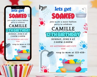 Water Balloon Birthday Invitation: Splash Pool Party, Editable Canva Template (5x7" Digital Download)