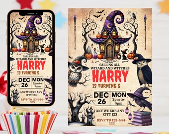 Wizards & Witches Birthday Invitation: Magical Castle Theme (Digital Invite, 5x7 Canva Template)