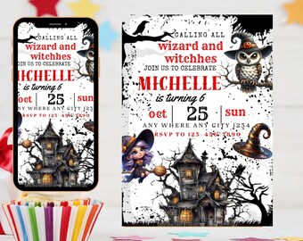 Wizard Birthday Invitation: Magical Castle Party, Canva Template (Digital Download, 5x7in)