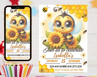 Floral 1st Bee Day Invitation: Girl's Birthday Party, Editable Canva Template (5x7" Digital Download)