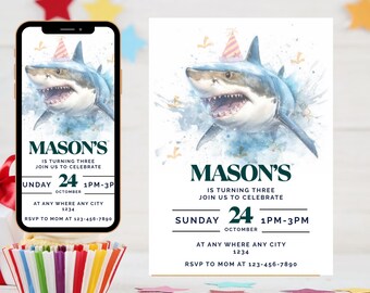 Shark Birthday Invitation: Editable Kids Party Invite, Ocean Theme (5x7" Canva Template, Digital Download)