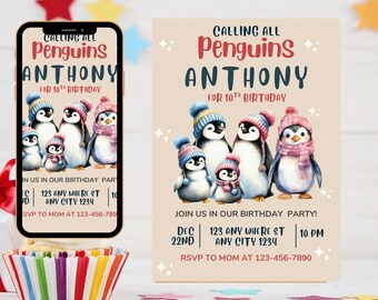 Penguin Birthday Invitation & Thank You Tags: Winter Party (Editable Canva Template, Digital Download)
