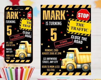 Construction Truck Birthday Invitation: Editable Canva Template (5x7" Digital Download)