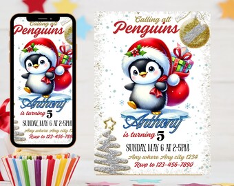 Penguin Birthday Invitation, Winter Arctic Theme (Digital Evite)
