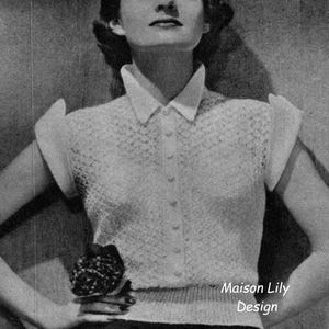 May include: Black and white image of a woman wearing a collared, button-down, short-sleeved knit top. The top has a textured pattern. The text "Maison Lily Design" is visible. The woman is also wearing a dark skirt.