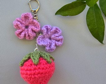 Crochet Strawberry Keychain | Handmade Amigurumi Bag Charm with Flowers