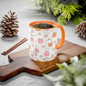 Halloween Mug Kawaii Ghost Pumpkin Mug Pink Halloween Coffee Cup Pastel Spooky Season Mug with Books & Bows Girly Fall Gift Book Lover Gift