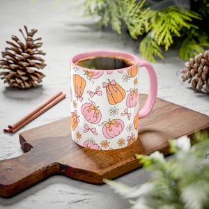 Halloween Mug Cute Pink Pumpkin Mug Pastel Fall Coffee Cup with Bows & Flowers Autumn Pumpkin Mug Cozy Seasonal Halloween Thanksgiving Gift
