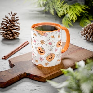 Halloween Mug Kawaii Ghost Pumpkin Mug Pink Halloween Coffee Cup Pastel Spooky Season Mug Girly Fall Ghost Floral Gift Halloween Party Favor