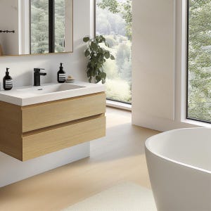 White Oak Floating Vanity – 30–48&quot; Bathroom Cabinet with 2 Drawers – Horizontal Grain, Natural Wood Finish, Wall Mounted Modern Vanity