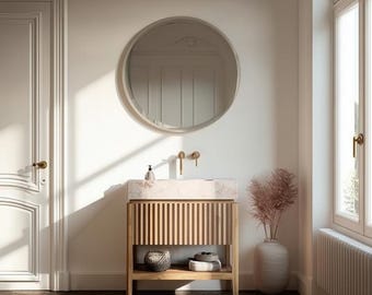 Handcrafted White Oak Bathroom Vanity | Fluted Drawer, Open Shelf