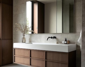Walnut Floating Double Vanity — Slim Shaker Handleless Cabinet