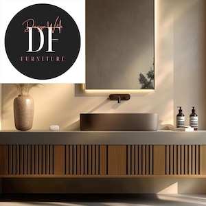 Custom Floating Fluted Wood Vanity – Natural Oak or Walnut – Japandi Style Bathroom Cabinet  – Modern Handleless Design – Made to Order