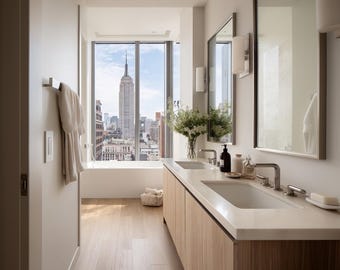 May include: A bathroom featuring a double vanity with light wood cabinets, white countertops, and two rectangular mirrors. A white bathtub sits in front of a large window with a view of the Empire State Building. A white towel hangs on the wall.
