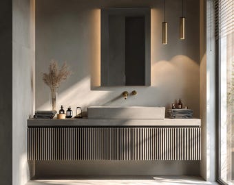 Fluted Gray Oak Floating Vanity – Custom Contemporary Wall Hung Bathroom Cabinet