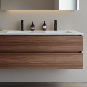 Walnut Floating Bathroom Vanity | 30–48″ Wall Mounted Cabinet with 2 Soft Close Drawers | Grain Wood Veneer | Modern Minimalist Design