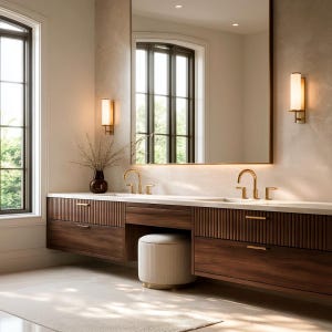 May include: A floating double vanity cabinet made of dark wood with vertical fluted drawer fronts and thin gold handles. It features a white countertop with two gold faucets, a large rectangular mirror, and a cream-colored cylindrical ottoman.