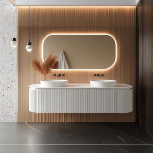 White Double Sink Vanity – Custom Painted Floating Bathroom Cabinet in Oak with Ribbed Fronts, Handleless Design, Benjamin Moore Color