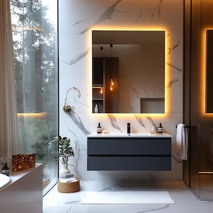 Navy Blue Floating Bathroom Vanity| 30–48″ Wall Mounted Cabinet with 2 Drawers| Modern Handleless Design | Soft Close| Custom Size Available