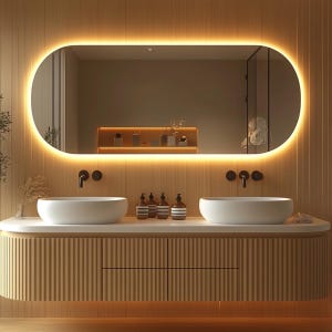 Double Sink Floating Vanity – Custom Solid Oak Cabinet with Ribbed Fronts, 2 Drawers & Doors, Handleless, Any Benjamin Moore® Color