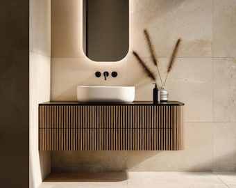 Fluted Floating Oak Vanity with Curved Edge | Handleless Wall-Mounted Bathroom Cabinet | Custom Size