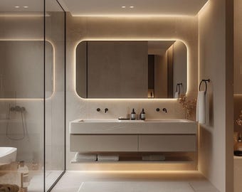 May include: A modern bathroom vanity featuring a floating cabinet with two drawers and an open lower shelf holding folded white towels. Above, a rectangular mirror with rounded corners and integrated LED backlighting sits on a beige wall.