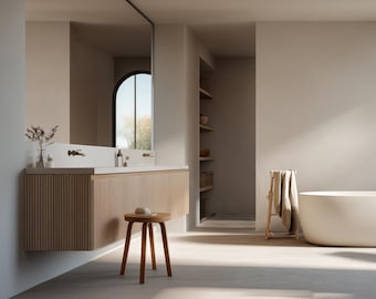 May include: A bathroom interior featuring a wall-mounted vanity with light wood vertical slats, a white countertop, and a large mirror. A small round wooden stool sits in front of the vanity, and a white freestanding bathtub is positioned nearby.