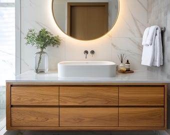 Floating honey oak bathroom vanity | Custom Handcrafted modern cabinet.