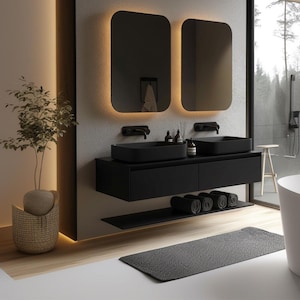 Black Painted Floating Vanity with 2 Drawers + Open Shelf – Custom Wall-Mounted Bathroom Cabinet