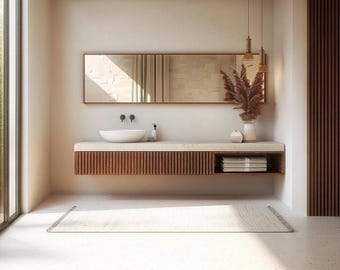 Walnut Floating Bathroom Vanity | Fluted Mid-Century Wall Mounted Cabinet | Custom Size