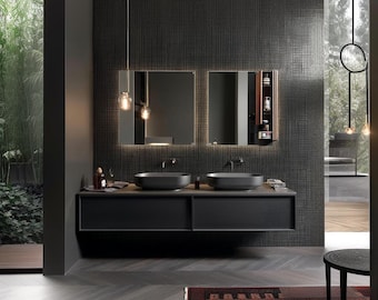 Black Oak Floating Bathroom Vanity:  Natural Wood Veneer, Custom Size